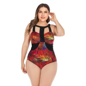 P6674 Bright Leaf Swirl Pattern One Piece Swimsuit